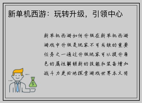 新单机西游：玩转升级，引领中心