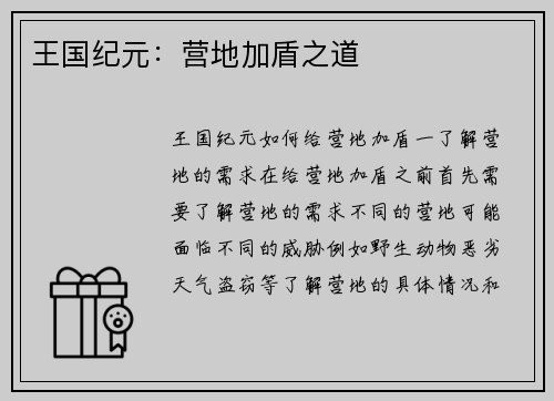 王国纪元:营地加盾之道